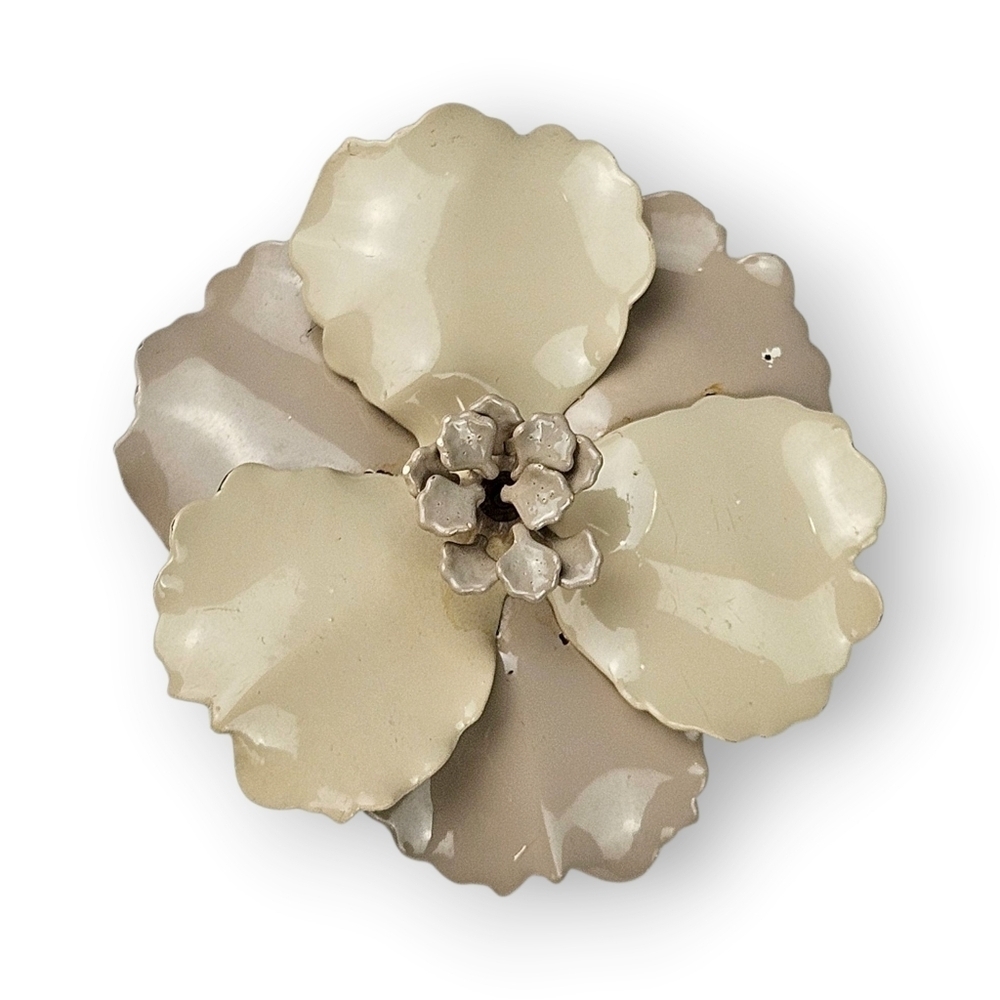 Vintage Enamel Flower Brooch Shiny Beige Taupe Dimensional Layered Petals 2.25"